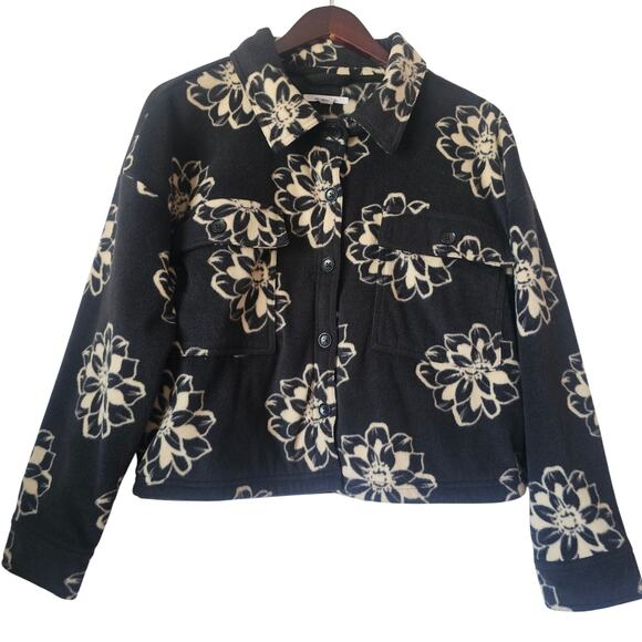 O’Neill Women’s Small Cropped Floral Fleece Jacket Black Beige Button Up Shacket - Picture 1 of 8